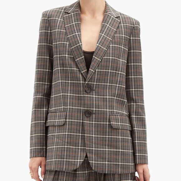 Tibi Gabe Blazer Slit-Elbow Grey Multi Windowpane Check Blazer - Picture 1 of 11